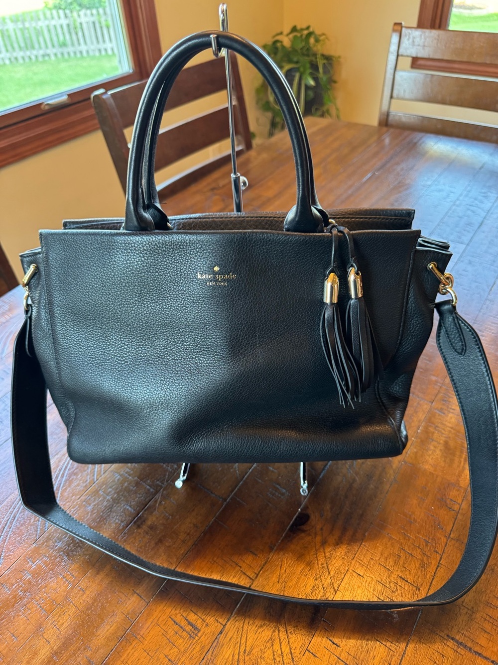 kate spade Black Pebbled Leather Shoulder Satchel with Tassel
